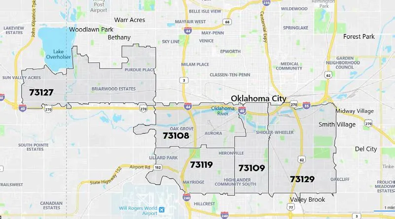 Map of Oklahoma City showing the locations of five zip codes